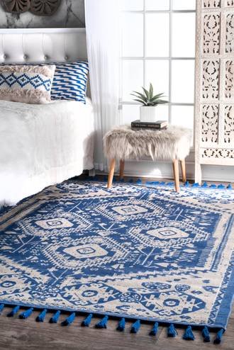 Blue Printed Kilim Cotton Tasseled rug