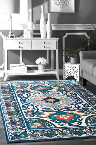 Blue Flourish Jewel Tone Floral Printed rug - Bohemian Rectangle 9' x 12'