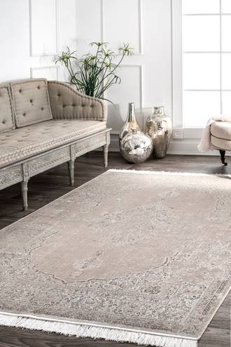 Beige Nightscape Withering Medallion Fringe rug